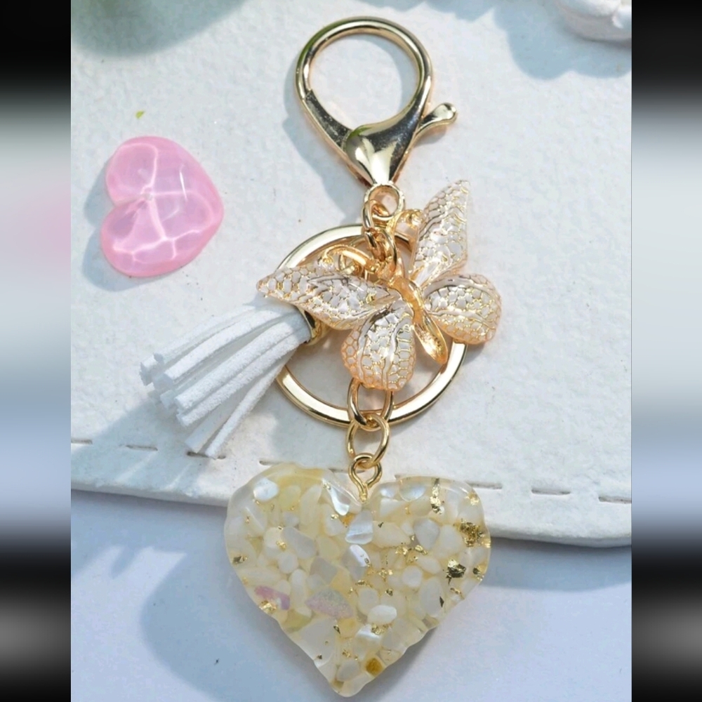 Beautiful Heart, butterfly and tassel bag charm/ Keychain New